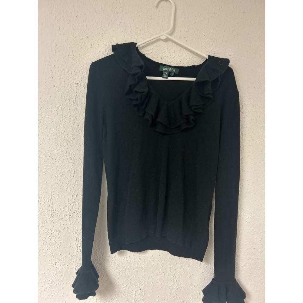 Lauren Ralph Lauren Black Silk Cashmere Ruffle V-Neck Sweater M